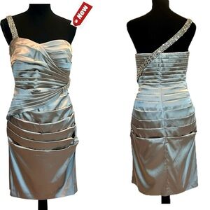 Calvin Klein champagne gold satin ruched rhinestone one shoulder cocktail dress